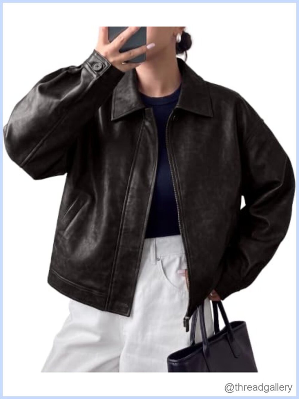Faux Leather Oversized Motorcycle Jacket Women Zip Up Collared Moto Coat